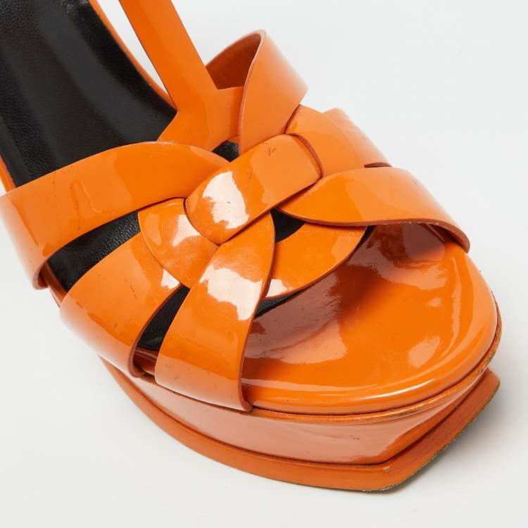 Pre Owned Saint Laurent Orange Patent Leather Tribute Platform Sandals Size 40