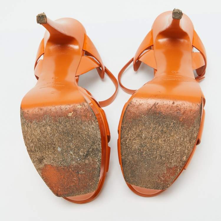 Pre Owned Saint Laurent Orange Patent Leather Tribute Platform Sandals Size 40