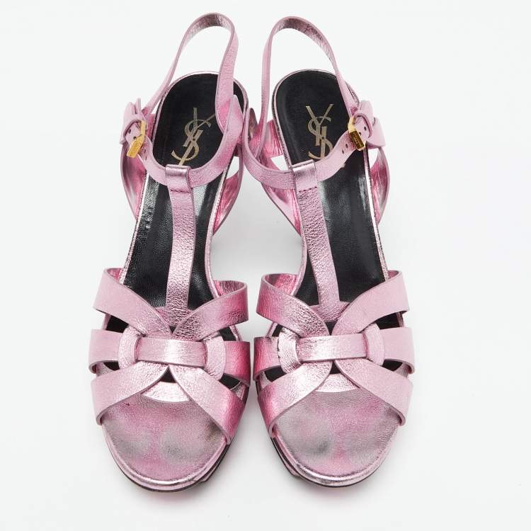 Pre Owned Saint Laurent Metallic Pink Leather Tribute Platform Sandals Size 40