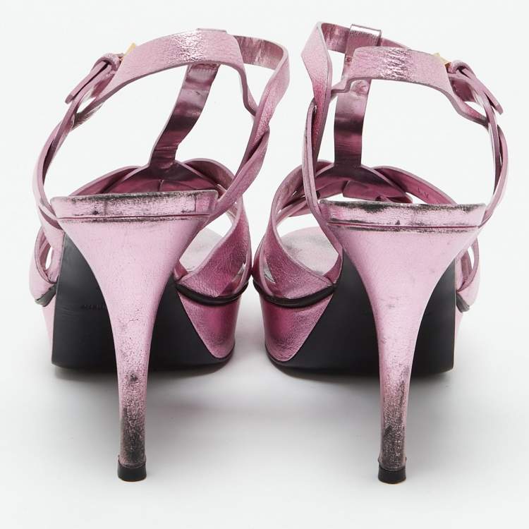 Pre Owned Saint Laurent Metallic Pink Leather Tribute Platform Sandals Size 40