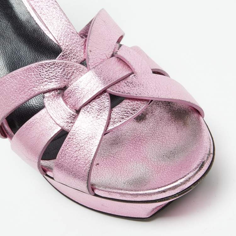 Pre Owned Saint Laurent Metallic Pink Leather Tribute Platform Sandals Size 40