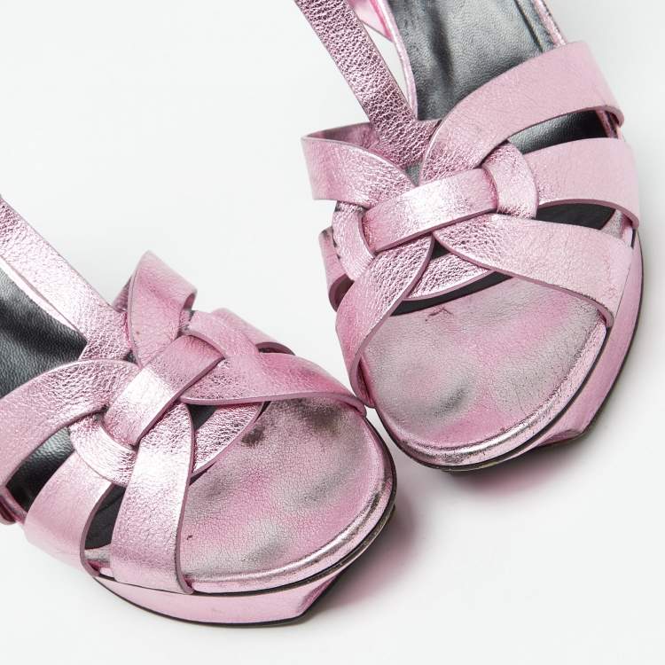 Pre Owned Saint Laurent Metallic Pink Leather Tribute Platform Sandals Size 40