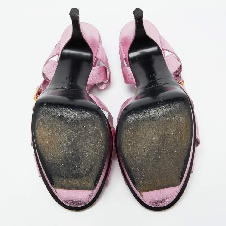 Pre Owned Saint Laurent Metallic Pink Leather Tribute Platform Sandals Size 40