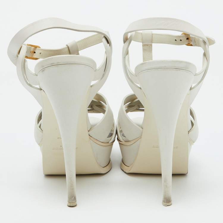 Pre Owned Saint Laurent White Leather Tribute Platform Sandals Size 40