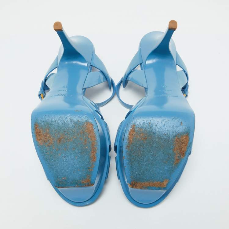 Pre Owned Saint Laurent Blue Patent Leather Tribute Platform Sandals Size 40