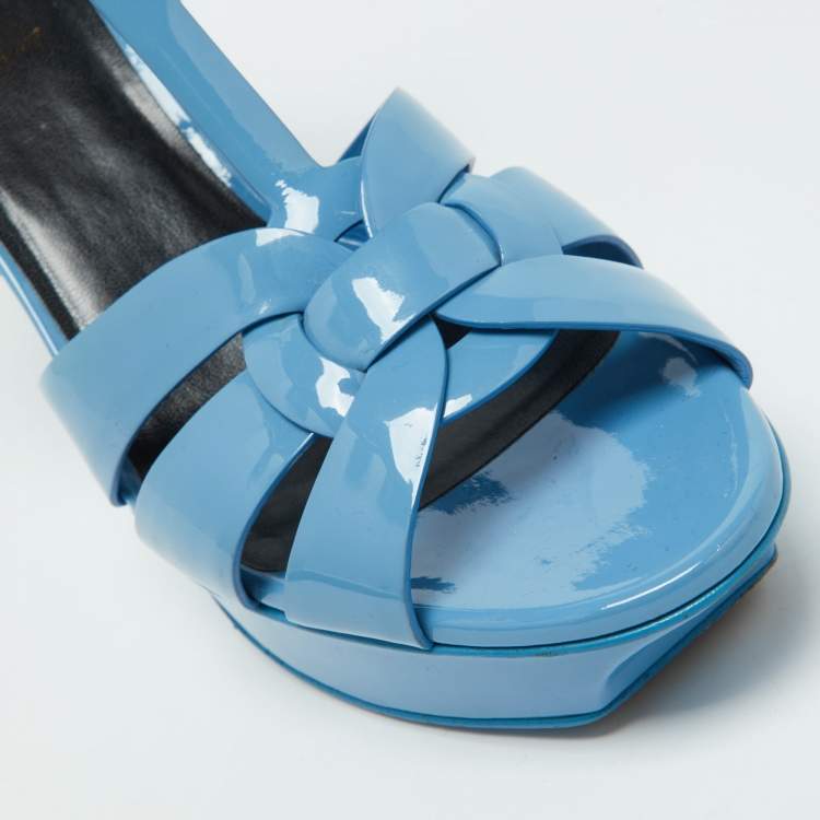 Pre Owned Saint Laurent Blue Patent Leather Tribute Platform Sandals Size 40