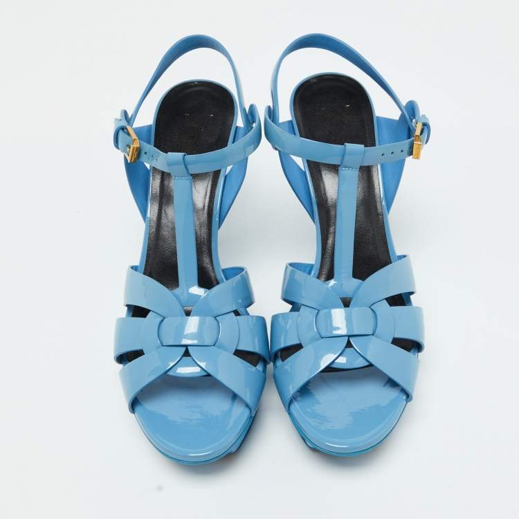 Pre Owned Saint Laurent Blue Patent Leather Tribute Platform Sandals Size 40