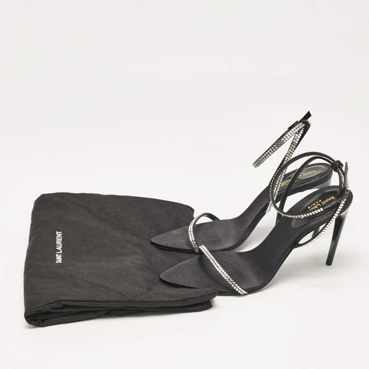 Pre Owned Saint Laurent Black Satin Crystal Embellished Ankle Strap Sandals Size 37