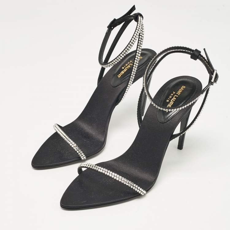Pre Owned Saint Laurent Black Satin Crystal Embellished Ankle Strap Sandals Size 37
