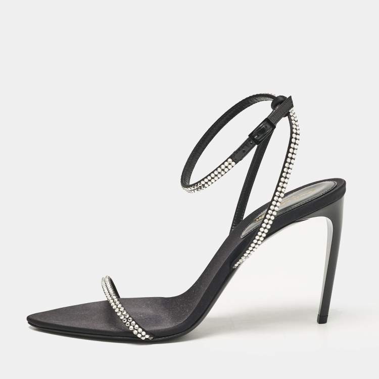 Pre Owned Saint Laurent Black Satin Crystal Embellished Ankle Strap Sandals Size 37