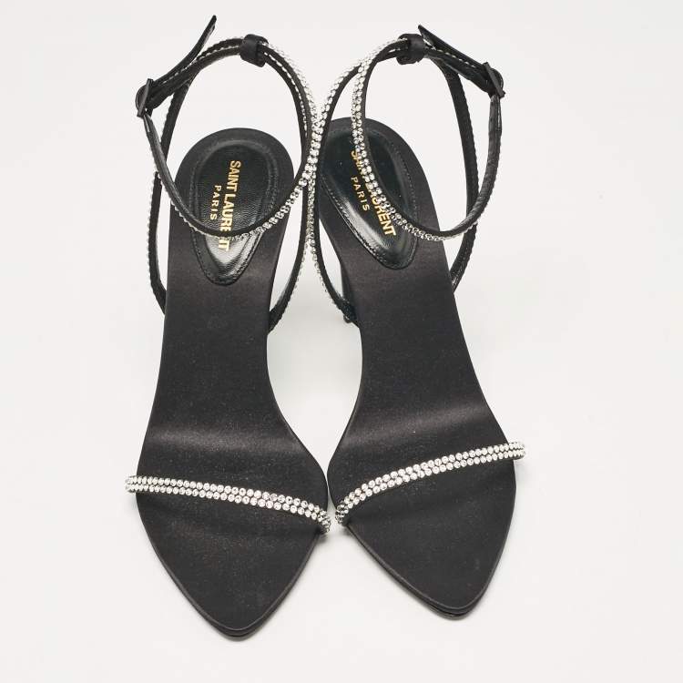 Pre Owned Saint Laurent Black Satin Crystal Embellished Ankle Strap Sandals Size 37