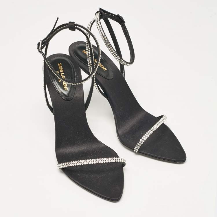 Pre Owned Saint Laurent Black Satin Crystal Embellished Ankle Strap Sandals Size 37