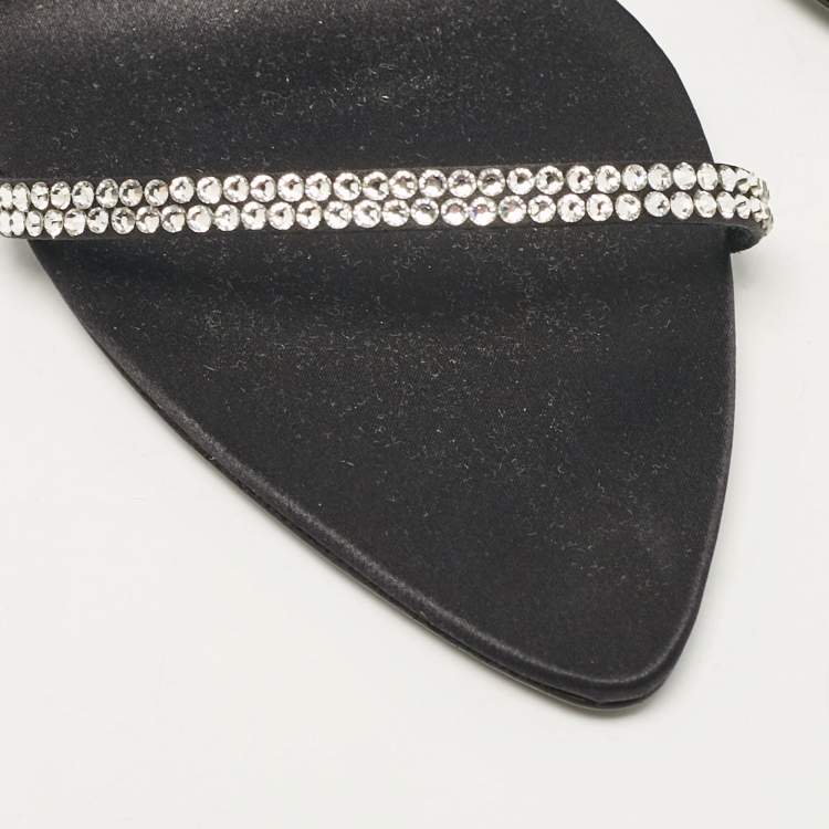Pre Owned Saint Laurent Black Satin Crystal Embellished Ankle Strap Sandals Size 37