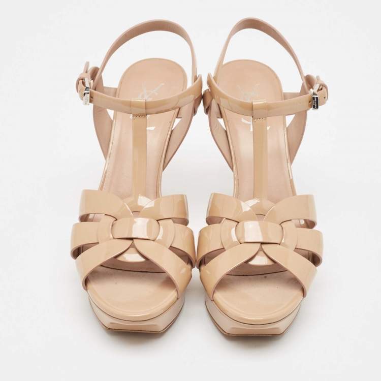 Pre Owned Saint Laurent Beige Patent Leather Tribute Sandals Size 39