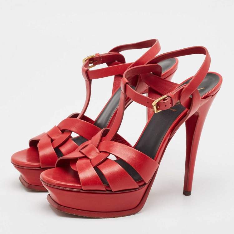 Pre Owned Saint Laurent Red Leather Tribute Platform Sandals Size 39