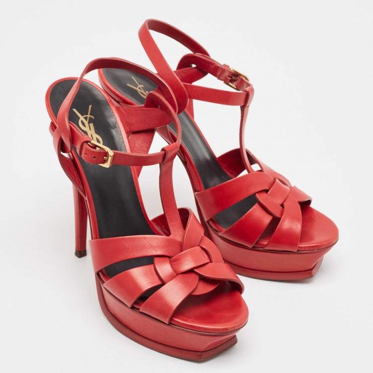 Pre Owned Saint Laurent Red Leather Tribute Platform Sandals Size 39