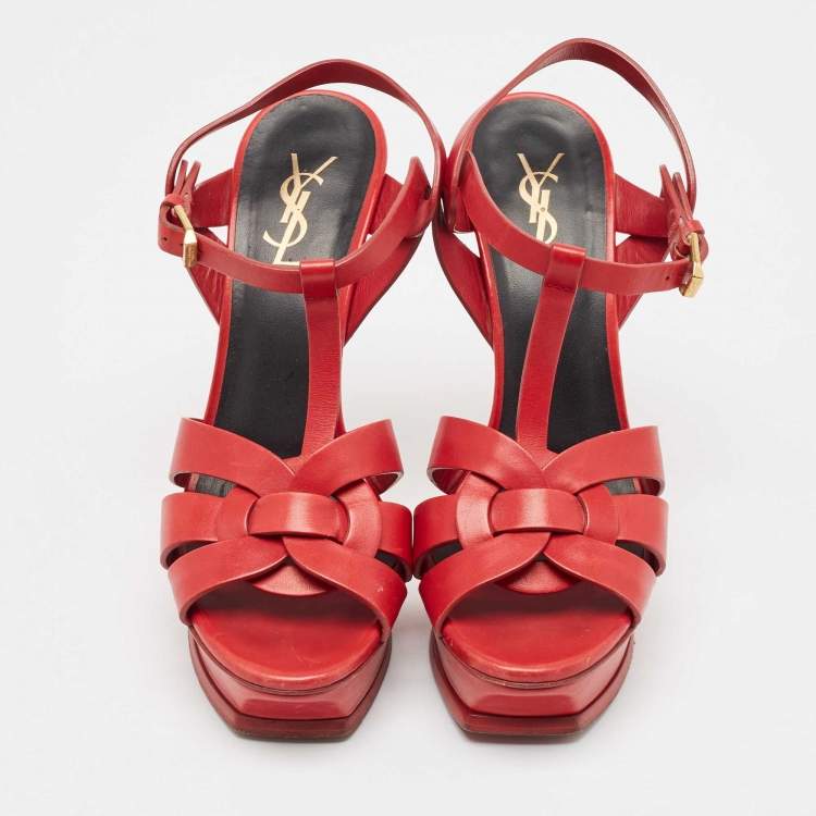 Pre Owned Saint Laurent Red Leather Tribute Platform Sandals Size 39