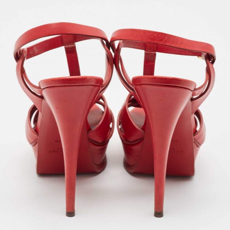 Pre Owned Saint Laurent Red Leather Tribute Platform Sandals Size 39