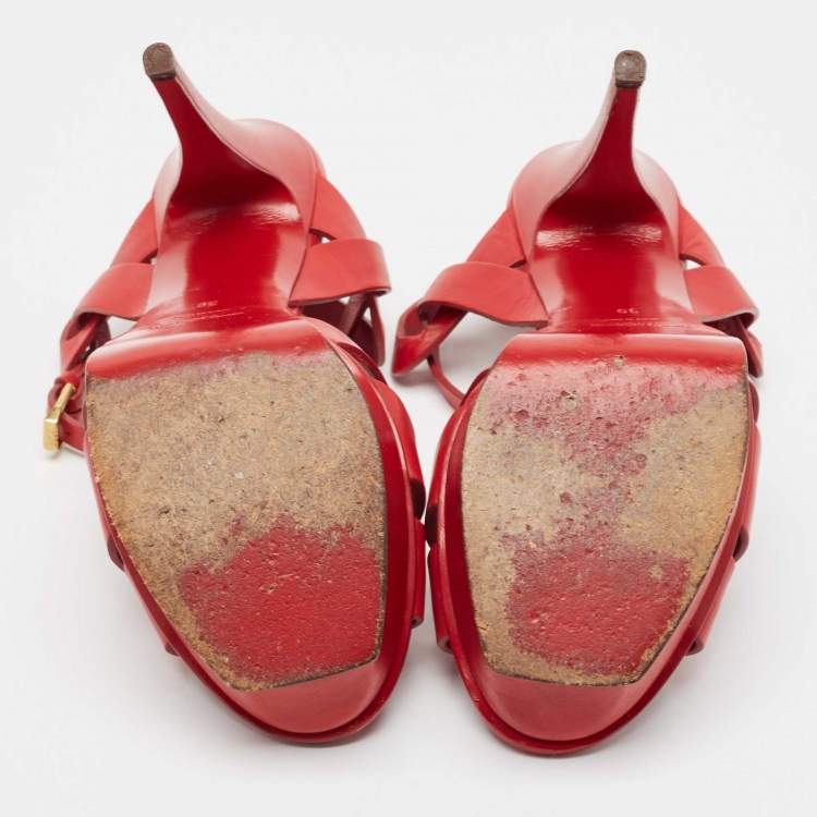 Pre Owned Saint Laurent Red Leather Tribute Platform Sandals Size 39