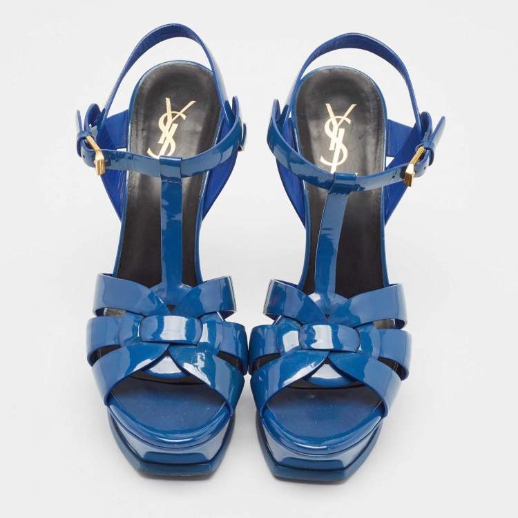 Pre Owned Saint Laurent Blue Patent Leather Tribute Platform Sandals Size 39