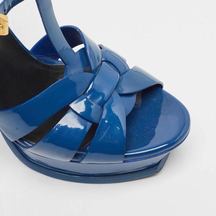 Pre Owned Saint Laurent Blue Patent Leather Tribute Platform Sandals Size 39