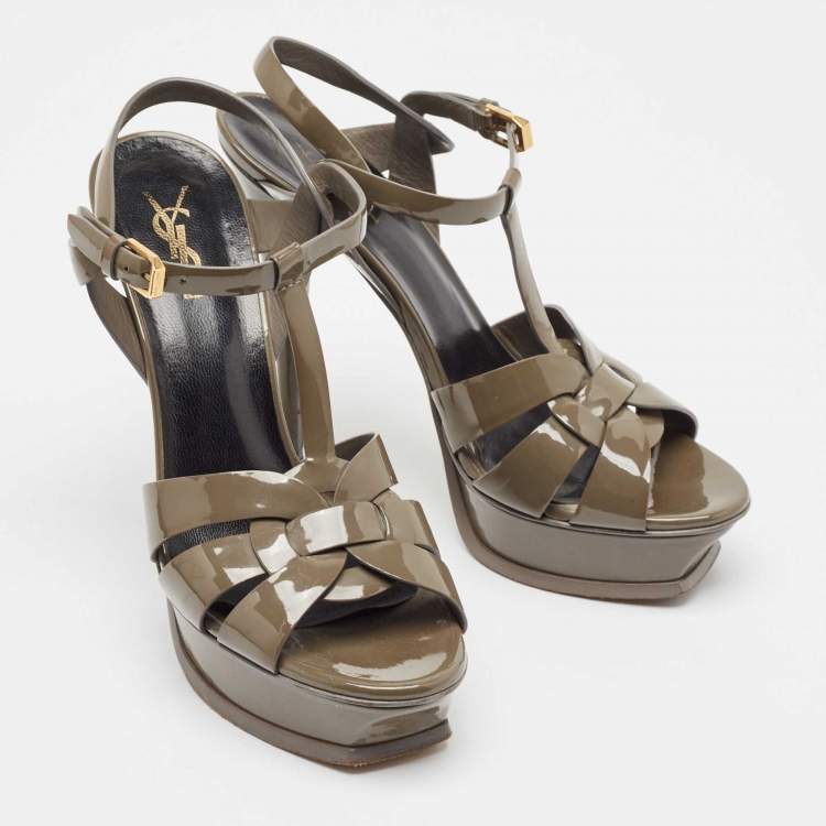 Pre Owned Saint Laurent Grey Patent Leather Tribute Platform Sandals Size 39.5