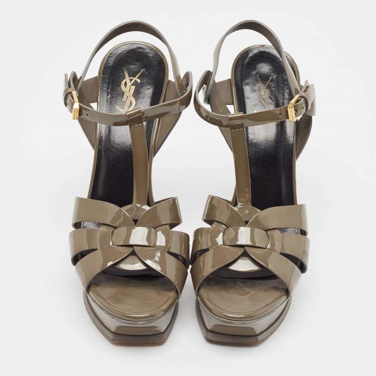 Pre Owned Saint Laurent Grey Patent Leather Tribute Platform Sandals Size 39.5