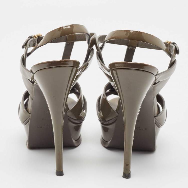 Pre Owned Saint Laurent Grey Patent Leather Tribute Platform Sandals Size 39.5