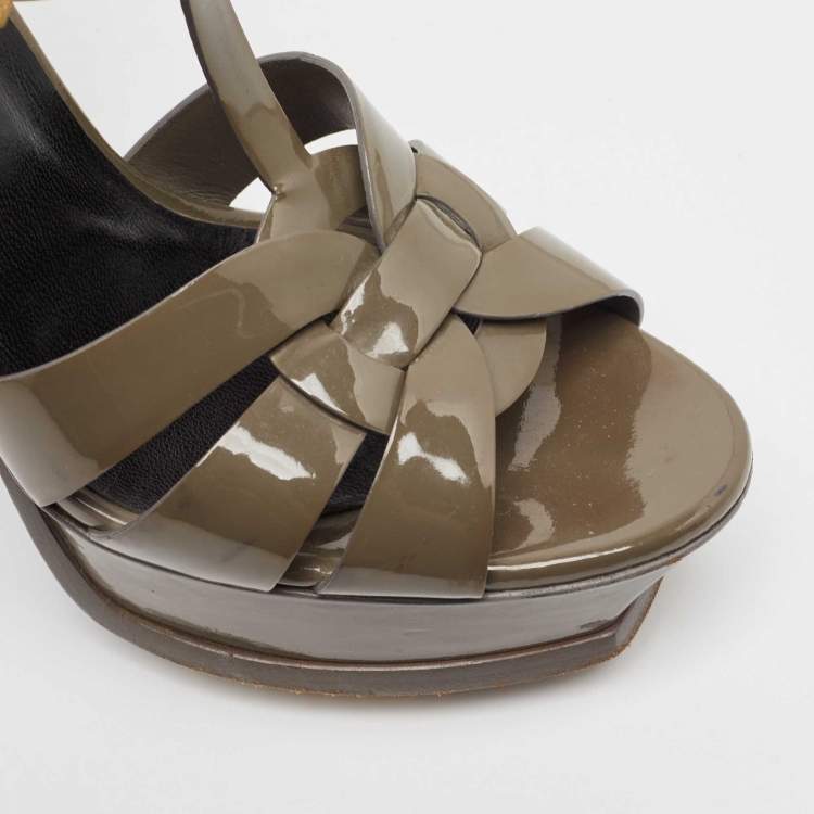 Pre Owned Saint Laurent Grey Patent Leather Tribute Platform Sandals Size 39.5