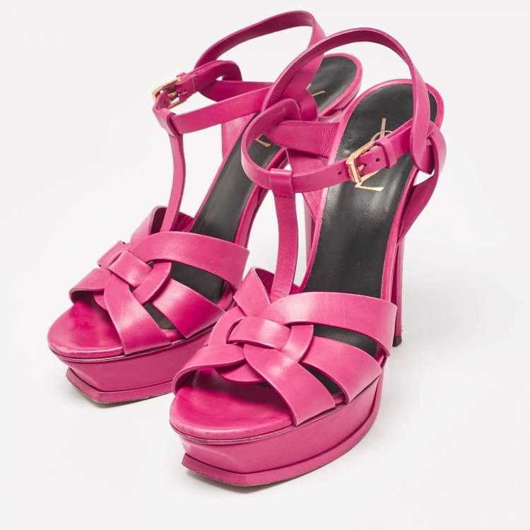 Pre Owned Saint Laurent Pink Leather Tribute Platform Sandals Size 39