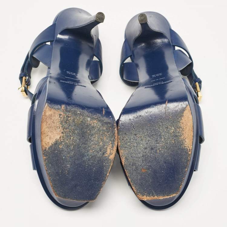 مملوكة مسبقًا Saint Laurent Navy Blue Leather Tribute Platform Sandals Size 39.5