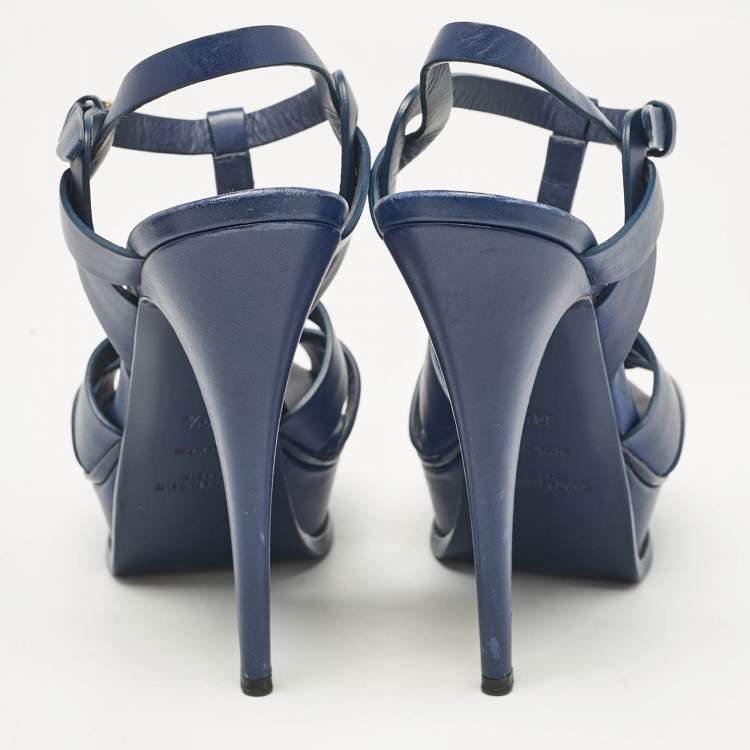 مملوكة مسبقًا Saint Laurent Navy Blue Leather Tribute Platform Sandals Size 39.5