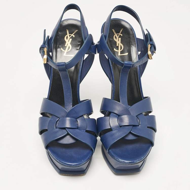 مملوكة مسبقًا Saint Laurent Navy Blue Leather Tribute Platform Sandals Size 39.5
