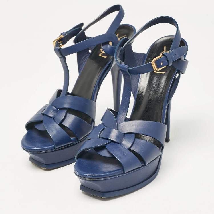 مملوكة مسبقًا Saint Laurent Navy Blue Leather Tribute Platform Sandals Size 39.5