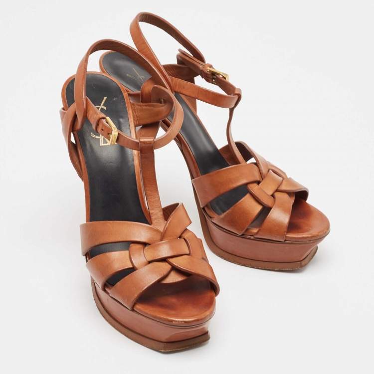 Pre Owned Saint Laurent Brown Leather Tribute Platform Sandals Size 39.5