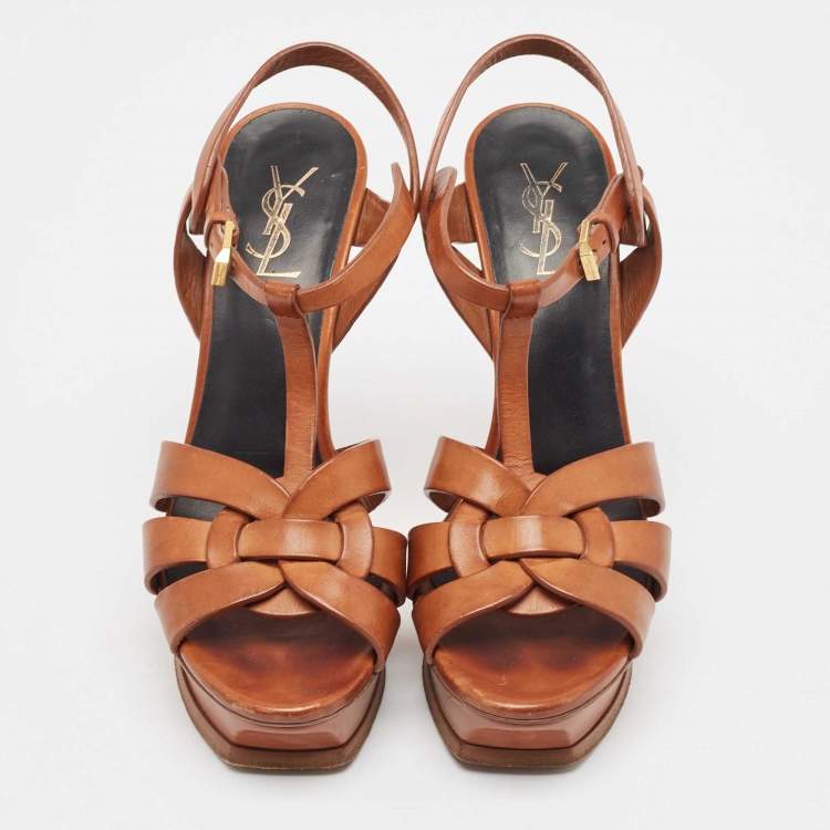 Pre Owned Saint Laurent Brown Leather Tribute Platform Sandals Size 39.5