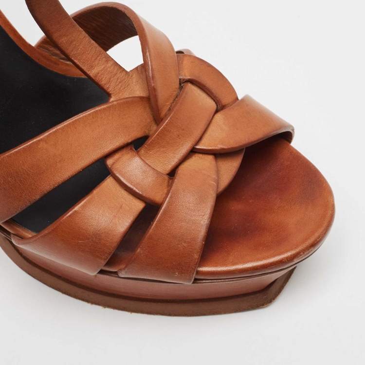 Pre Owned Saint Laurent Brown Leather Tribute Platform Sandals Size 39.5