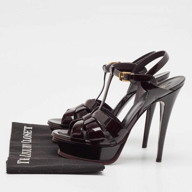 Pre Owned Saint Laurent Dark Burgundy Patent Leather Tribute Platform Sandals Size 39