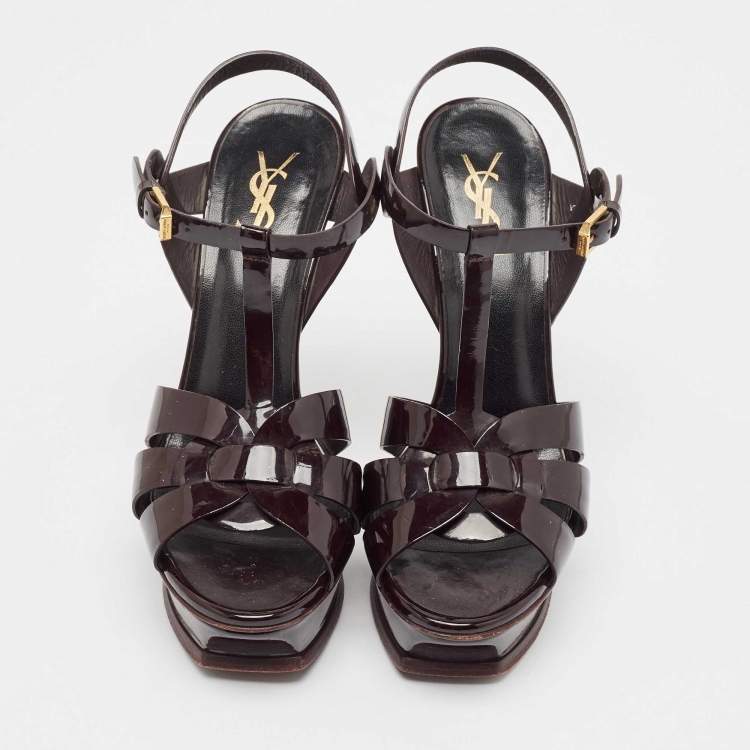Pre Owned Saint Laurent Dark Burgundy Patent Leather Tribute Platform Sandals Size 39