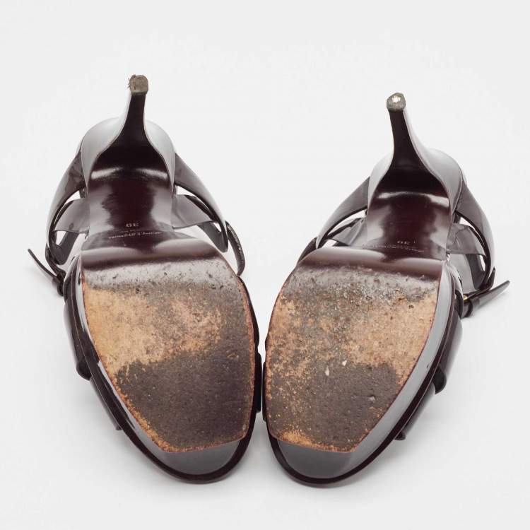 Pre Owned Saint Laurent Dark Burgundy Patent Leather Tribute Platform Sandals Size 39