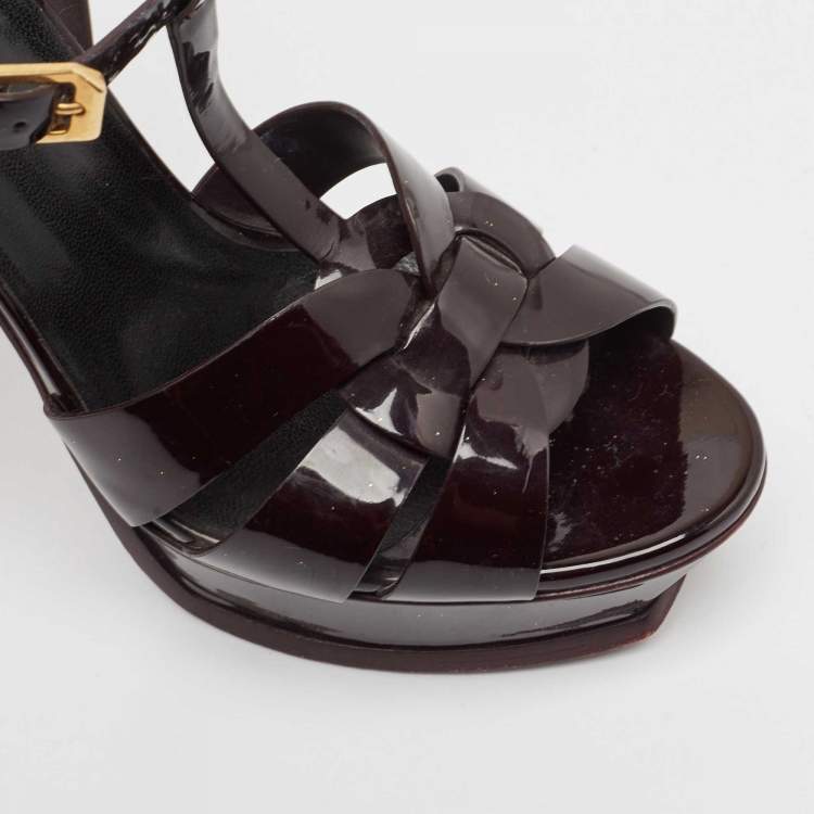 Pre Owned Saint Laurent Dark Burgundy Patent Leather Tribute Platform Sandals Size 39