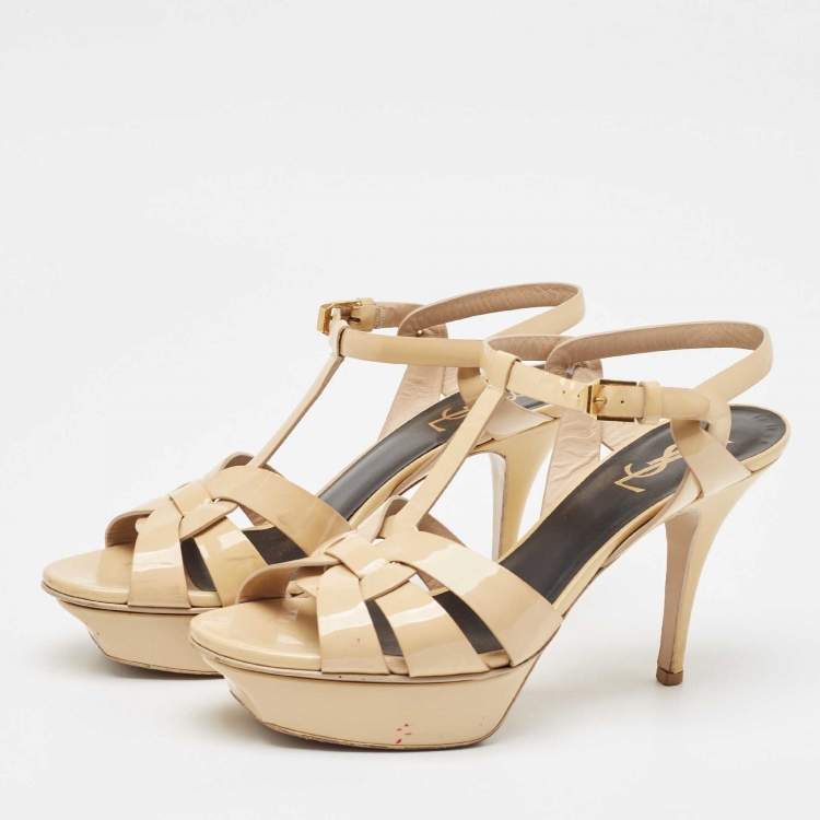 Pre Owned Saint Laurent Beige Patent Leather Tribute Platform Sandals Size 38.5