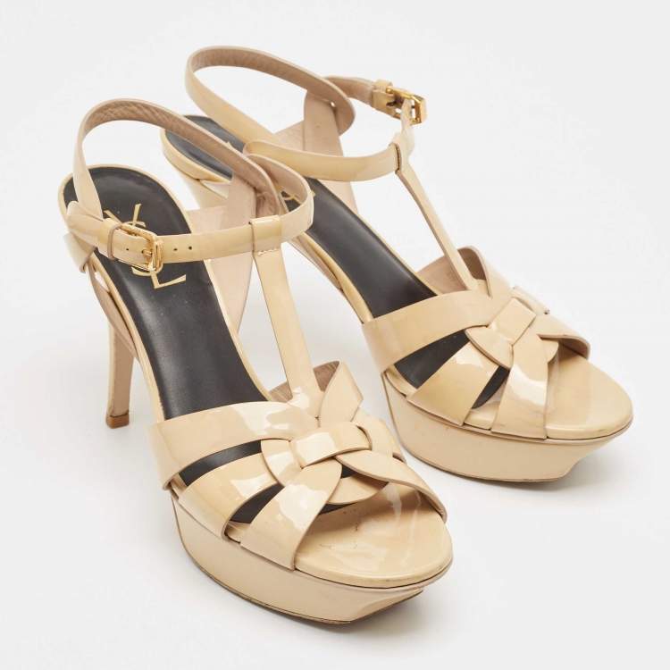 Pre Owned Saint Laurent Beige Patent Leather Tribute Platform Sandals Size 38.5
