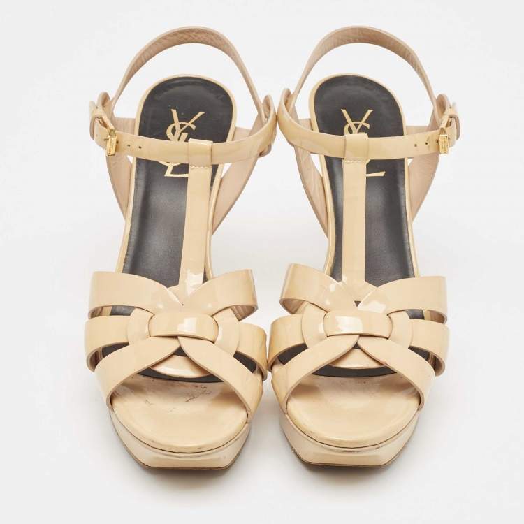 Pre Owned Saint Laurent Beige Patent Leather Tribute Platform Sandals Size 38.5