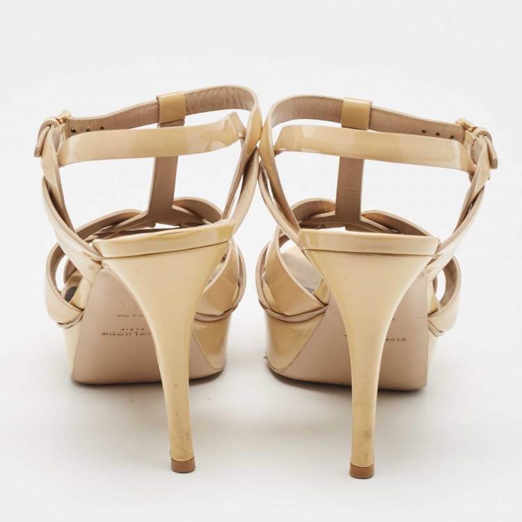 Pre Owned Saint Laurent Beige Patent Leather Tribute Platform Sandals Size 38.5