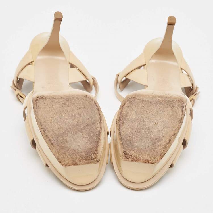 Pre Owned Saint Laurent Beige Patent Leather Tribute Platform Sandals Size 38.5