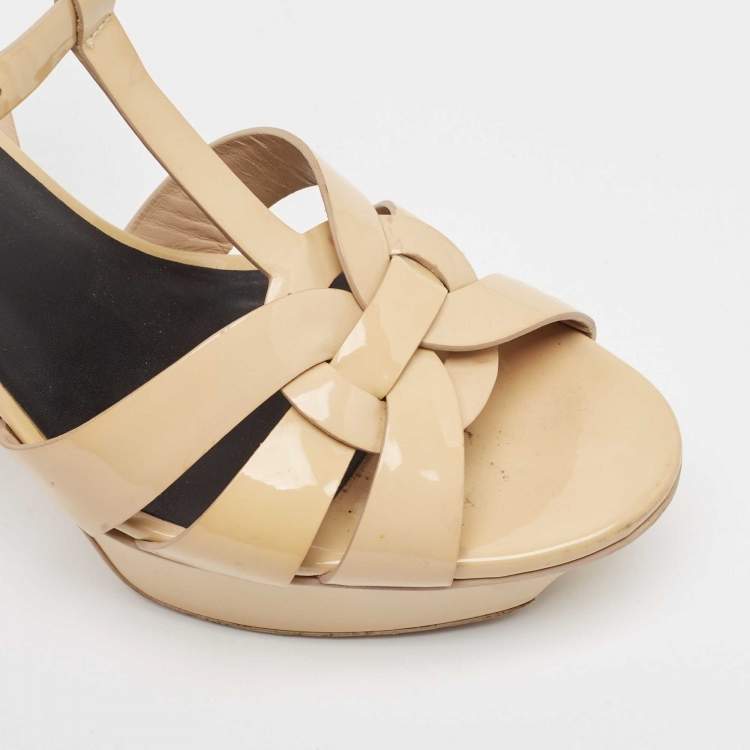 Pre Owned Saint Laurent Beige Patent Leather Tribute Platform Sandals Size 38.5