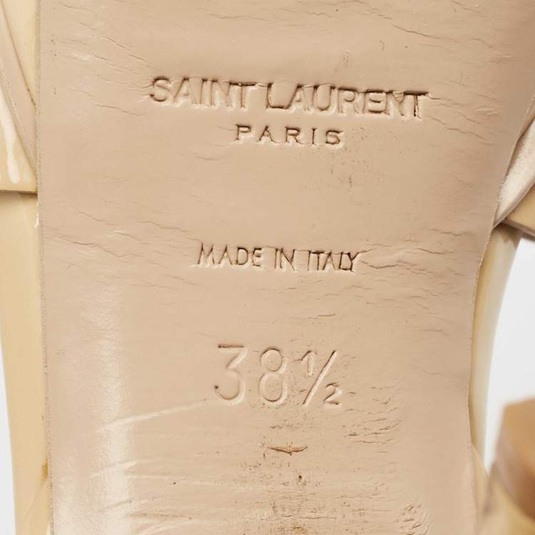 Pre Owned Saint Laurent Beige Patent Leather Tribute Platform Sandals Size 38.5