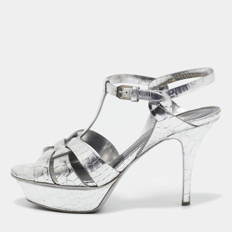 Pre Owned Saint Laurent Sliver Croc Embossed Leather Tribute Platform Sandals Size 38.5