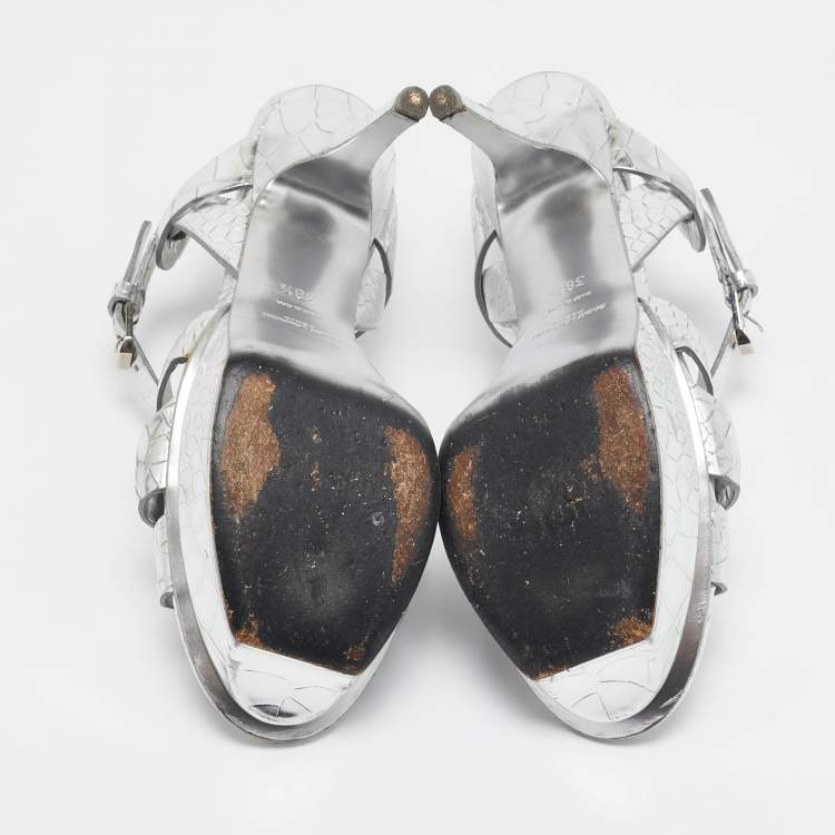 Pre Owned Saint Laurent Sliver Croc Embossed Leather Tribute Platform Sandals Size 38.5